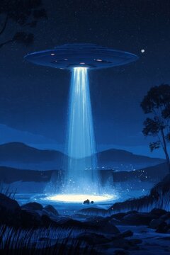 Cinematic illustration of a saucer-like craft hovering above a misty landscape with a radiant beam