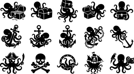 Set of fifteen black pirate octopus silhouettes featuring treasure chests anchors pirate ships skulls parrots and flags for nautical design.  © Ahsan