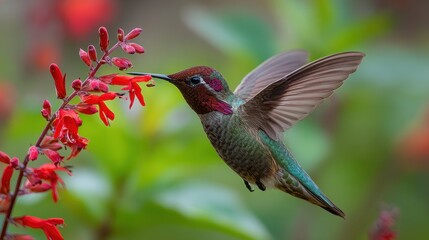 Obraz premium Close up of a male Anna's hummingbird in mid hover feeding from a vibrant garden flower