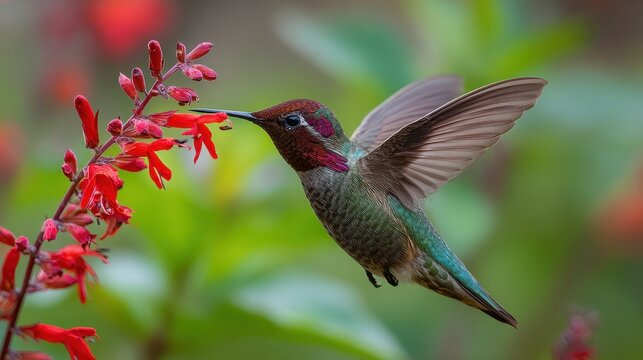 Close up of a male Anna's hummingbird in mid hover feeding from a vibrant garden flower