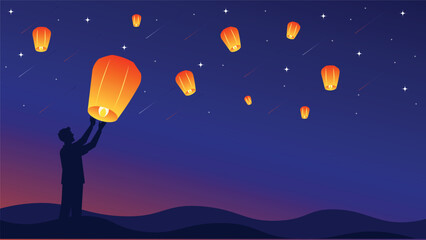 Sky Lantern Festival Night with Glowing Flying Lanterns and Silhouette Celebration Background © Town GFX