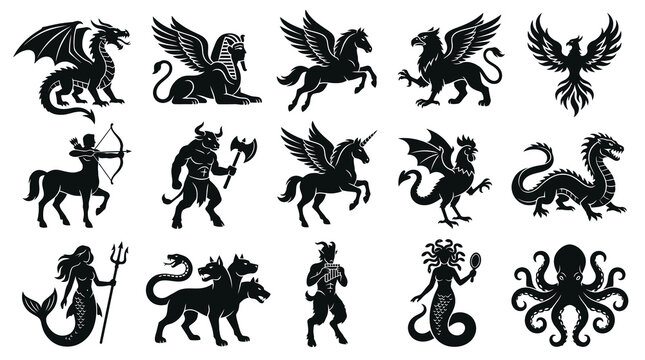 Mythical Creatures Black Silhouettes Set - Fantasy Legends and Ancient Mythology Vector Icons Collection