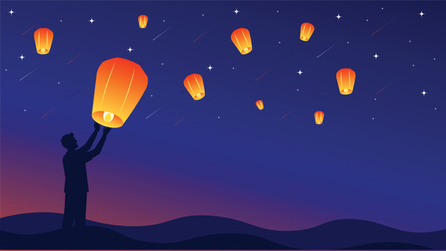 Sky Lantern Festival Night with Glowing Flying Lanterns and Silhouette Celebration Background