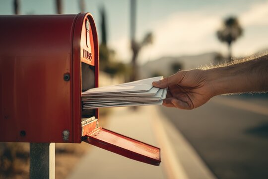 Close-up of a hand inserting letters into a red curbside mailbox under soft daylight