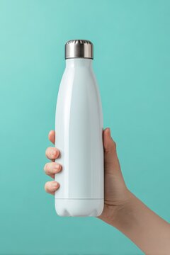 Close-up of a female hand holding a white stainless steel reusable water bottle against a cyan mint background