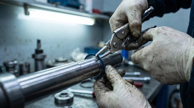 Skilled technician performs precision assembly on a metal shaft, using specialized pliers to install a retaining ring. Perfect for industrial maintenance, repair, and engineering visuals.