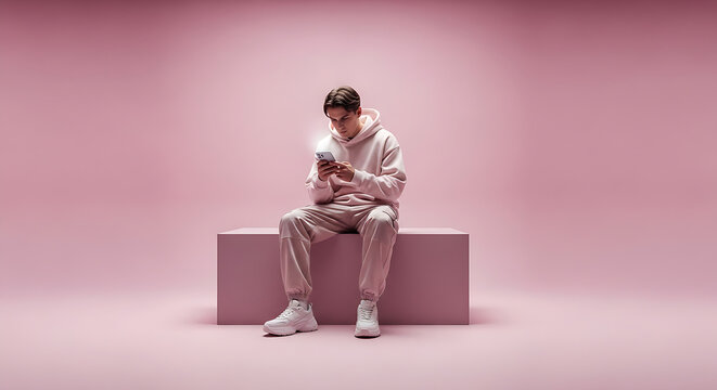 Pink Aesthetic Young Man on Phone, Focused and Stylish