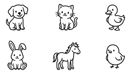 Obraz premium Cute hand drawn animals set including dog cat duck rabbit horse and chick