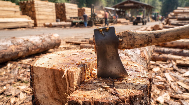 A sharp metal axe head embedded in a freshly cut wooden log at a busy lumberyard with stacked timber and workers in the background