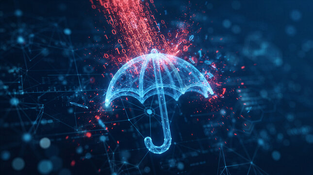 Digital protection concept, cyber security umbrella shielding data from malicious code and cyber attacks, 3d render