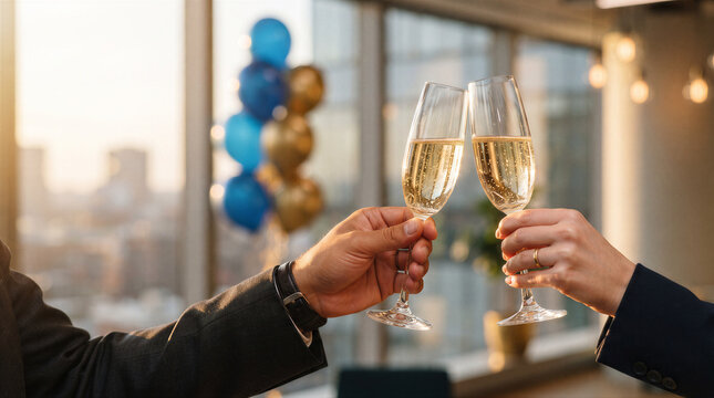 Closeup of two people toasting with champagne flutes at a corporate celebration in a modern office with city view and balloons
