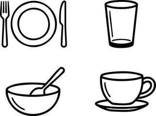 Obraz premium Set of Simple Vector Line Icons Featuring Essential Dining Tableware and Cutlery Including Plate Fork Knife Drinking Glass Bowl Spoon and Coffee Cup