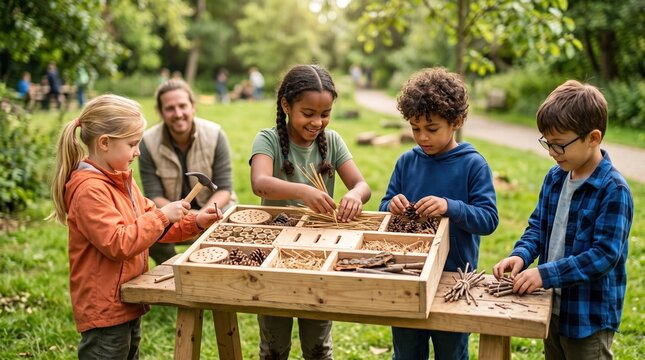 Kids learning natural elements in outdoor workshop