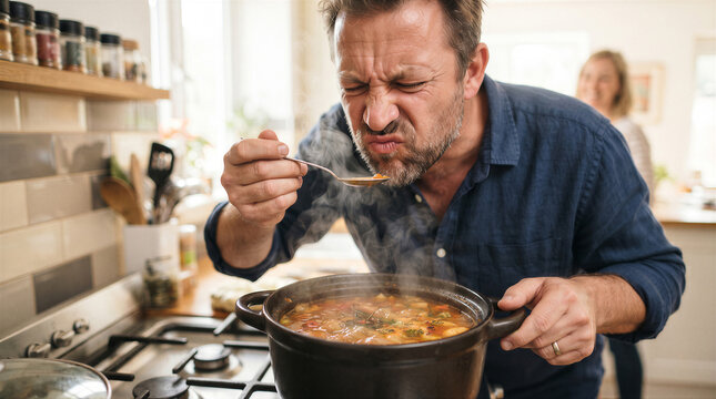 Man tasting hot soup from a pot in the kitchen, making a funny face while smelling the steam, closeup shot