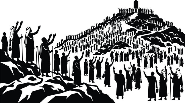 Black and white silhouette vector illustration of Islamic pilgrims gathering and praying at Mount Arafat during Hajj