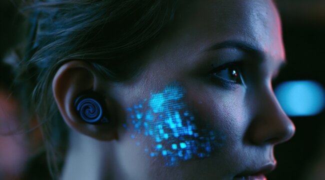 Woman with cybernetic ear implant and glowing facial interface