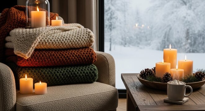 A cozy winter scene with a stack of colorful knitted blankets, lit candles, and a warm mug of hot cocoa on a wooden table in front of a window with a snowy landscape outside.