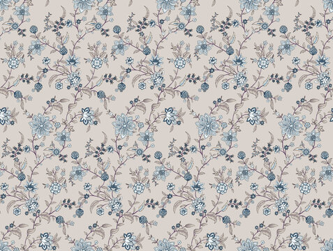 Intricate seamless floral pattern with blue and gold flowers on light grey background. Classic botanical textile print.