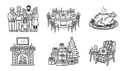Obraz premium Set of hand drawn christmas icons with family dinner and winter decorations