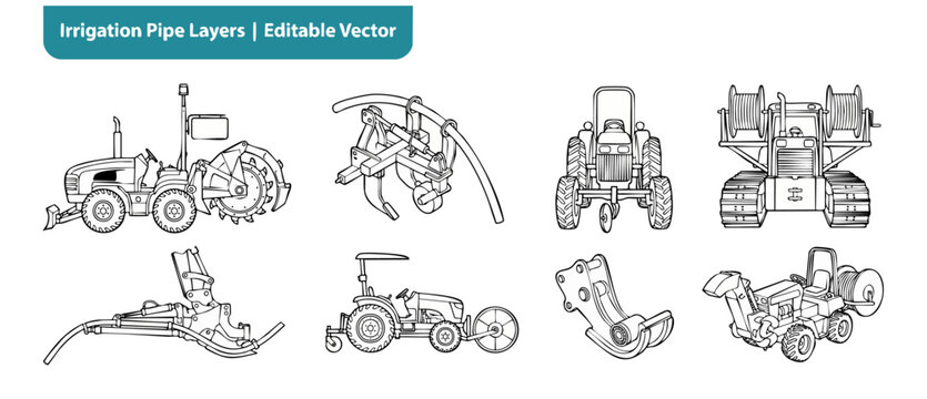 Irrigation pipe layer tractor vector icon set of agricultural trenching machinery, farm drainage equipment, subsoiler plows, and industrial hose reel machines for technical construction diagrams.