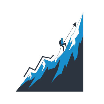 Mountaineer climbing steep arrow-shaped mountain peak graph.