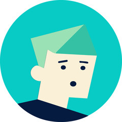 Minimalist vector illustration of a surprised male character with geometric hairstyle in flat design style, profile portrait of young man expressing shock or awe in modern digital art © Yana
