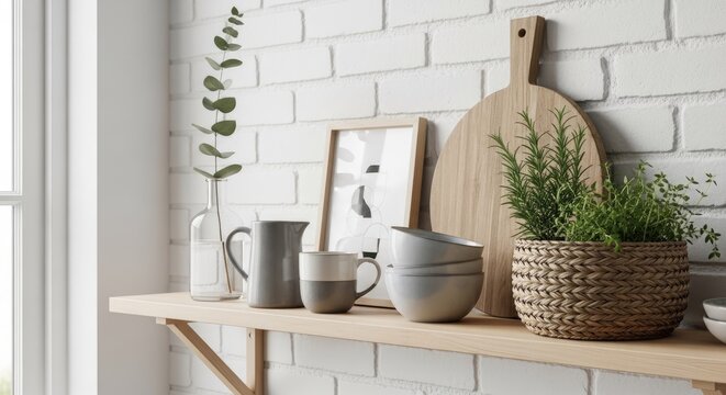 A wooden shelf with various kitchen items, including a cutting board, a vase, and a basket, against a white brick wall with a window in the background.