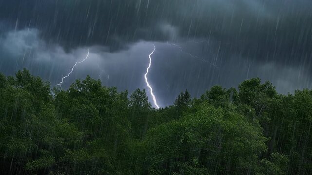 Lightning Strikes Over Dark Forest Canopy During Heavy Rainstorm
