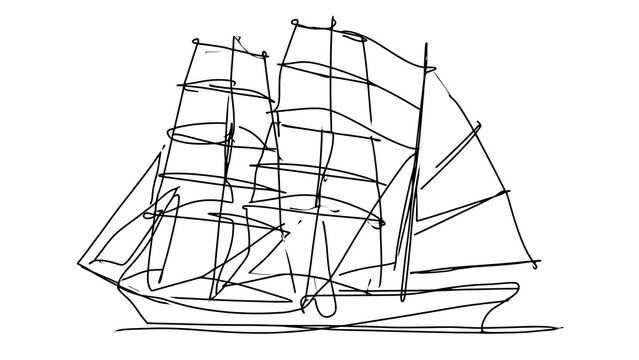 Line drawing of a sailing ship white background.