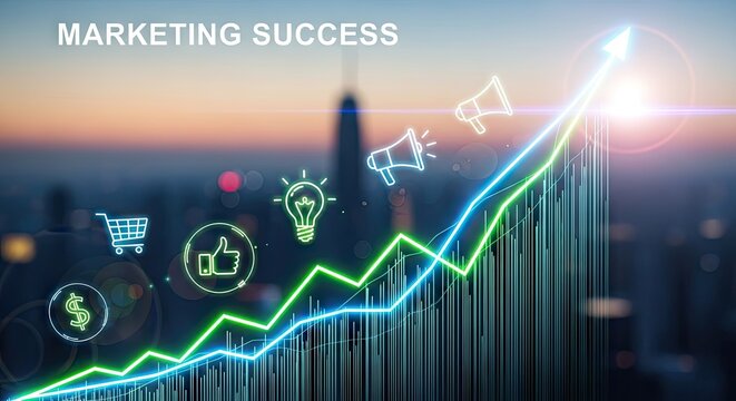 A glowing graph with an upward arrow, representing success, against a cityscape backdrop at sunset.