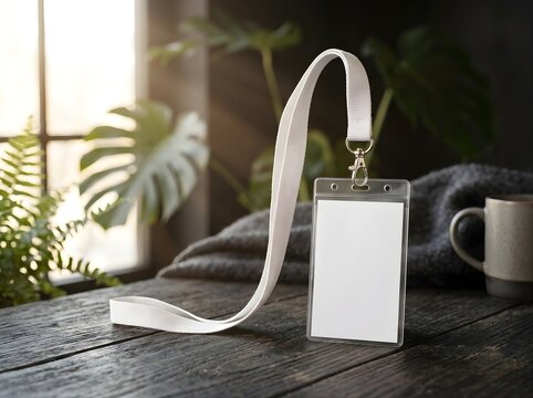 Blank White Identification Card Hanging From White Lanyard on a Rustic Wooden Table with Soft Natural Light and Cozy Blanket