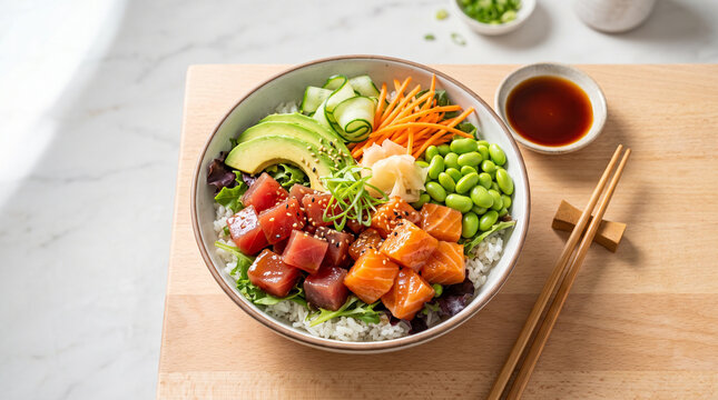 Hawaiian Poke Bowl with Raw Tuna, Salmon, and Fresh Vegetables on Wooden Board, International Poke Day Concept