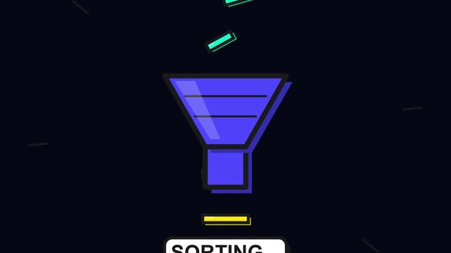 Animated funnel icon processing digital data items for sorting concept