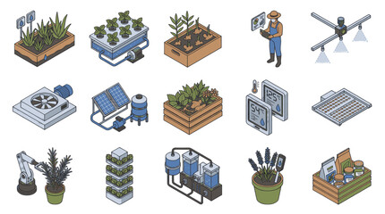 Collection of flat design icons representing various office and travel themes. © sep