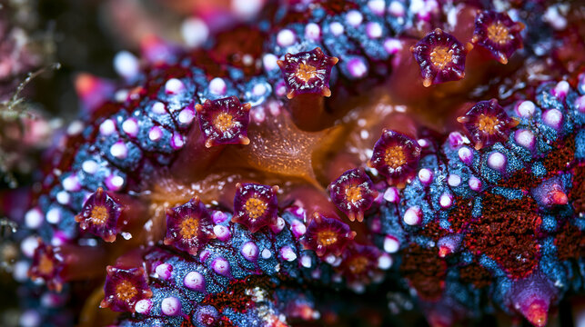 Asterias rubens tube foot array on starfish ambulacral groove exposed at extreme macro scale, suction disc terminus structure magnified, hydraulic water vascular podium extending at full length, pap