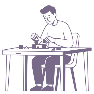 Neurodivergent adult enjoying focused special interest activity minimalist vector illustration