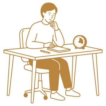 Adult using visual timer for executive functioning and ADHD support black and white minimalist vector illustration