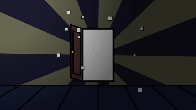Abstract 2D animated door opening and closing with floating particles