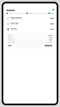 Online store checkout payment success animation with shopping cart items order total counter card validation and confirmation confetti on white screen