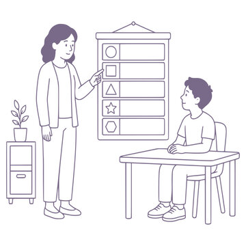Teacher providing visual schedule support for inclusive education vector illustration