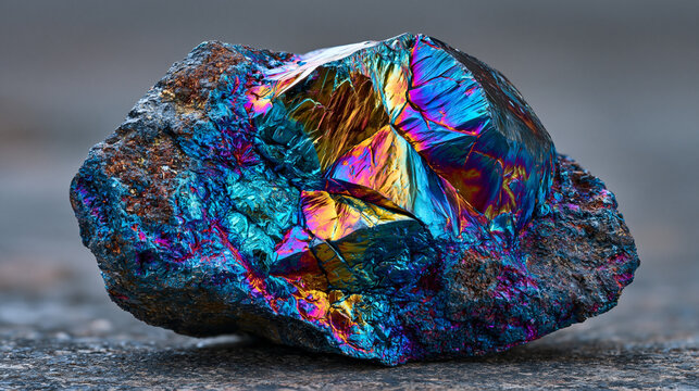 Chalcopyrite mineral specimen with iridescent tarnish surface catching warm sidelight, copper iron sulfide crystal formation, bornite peacock ore matrix, metallic mineral reference, mining geology s