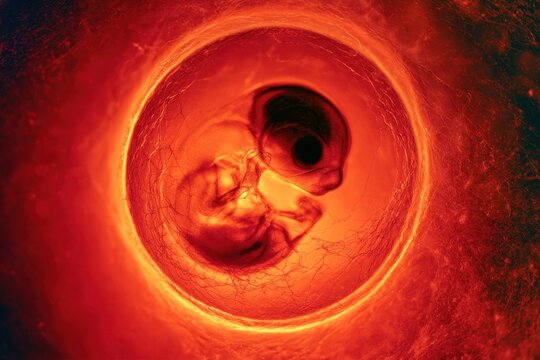 Early-stage human embryo developing within a gestational sac, shown in warm red and orange tones