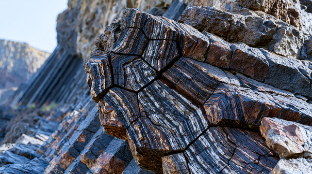 Columnar basalt formation cross-section revealed at cliff face, hexagonal cooling crack geometry in dramatic sidelight, volcanic geology, prismatic jointing pattern, igneous rock structure, geologic