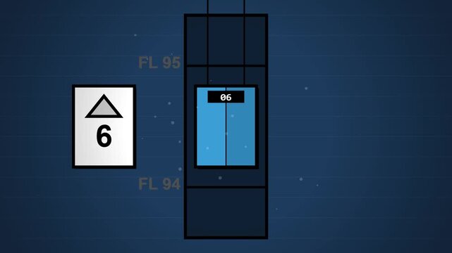 Digital elevator ascending through floors on a blue background graphic