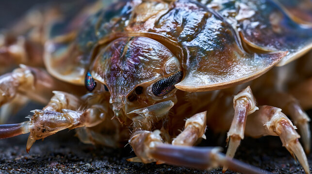Deep sea isopod Bathynomus giganteus dorsal segmentation plate interlocking detail, compound eye facet resolution at macro scale, pereopod leg articulation preserved, abyssal gigantism body plan in 