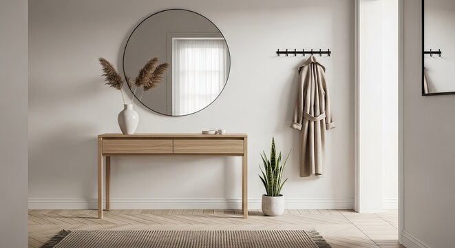 A minimalist entryway with a wooden console table, a round mirror, and a coat rack, featuring a beige rug and a potted plant in a white vase.