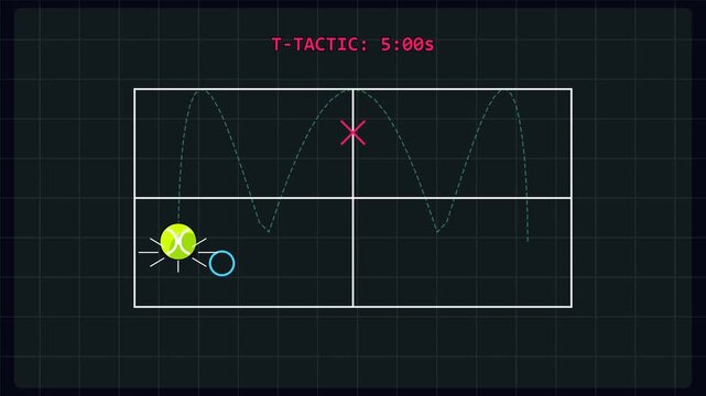 Tennis ball bouncing motion animation on a digital grid background