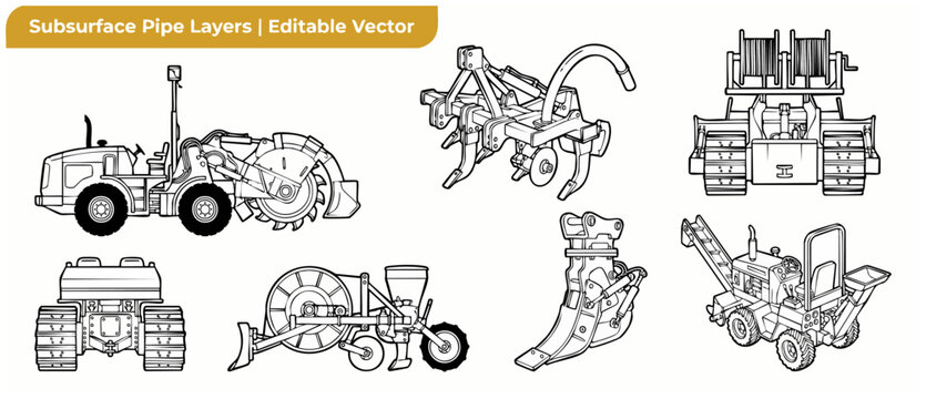 Subsurface pipe laying machine vector set with trenchers, agricultural plows, cable layers, and industrial heavy construction equipment icons isolated on a white background for civil engineering.