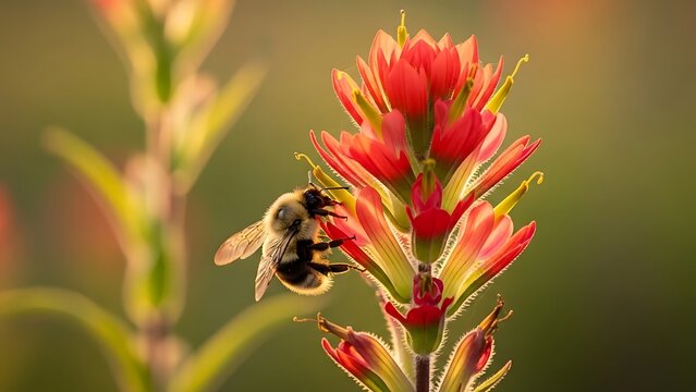 Bumblebee collecting pollen from orange indian paintbrush flower with bumblebee