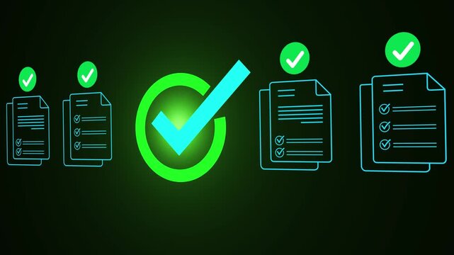 Digital checklist and approval workflow showing business document validation and task tracking system for decision making, process optimization, Motion graphics of check mark concept